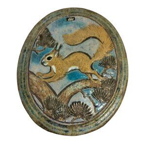 Nittsjo Keramik Sweden Thomas Hellstrom Pottery Oval Plaque Squirrel Pine Tree